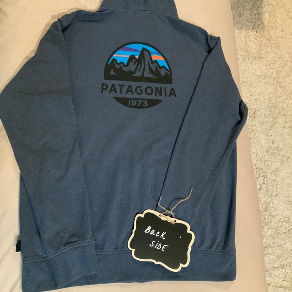 Patagonia Blue L Full Zip Hooded Sweatshirt Adventure Outdoor Alpine - Picture 6 of 7